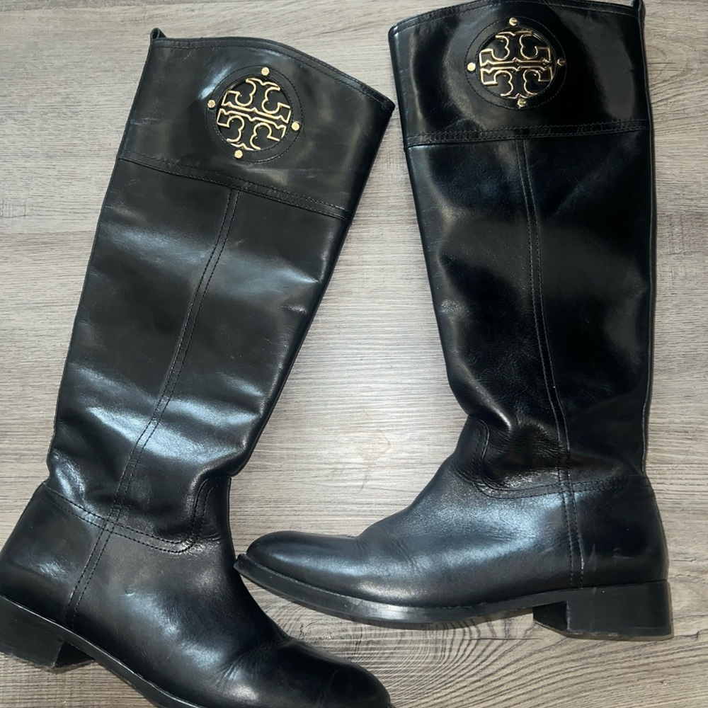 Tory Burch Kiernan Leather Knee High Black Riding Boots Gold Tory Logo Sz 8.5